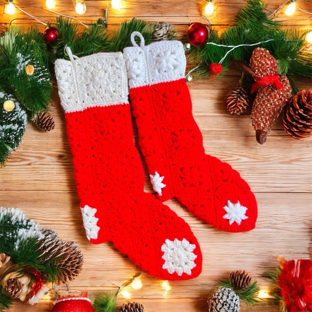 VTG Crochet Christmas Stockings Pair Red White Granny Squares Handmade 21" & 17"